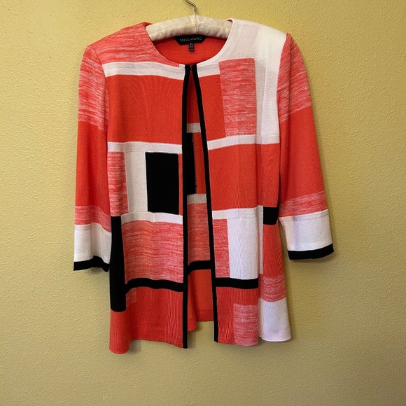 Ming Wang Women's Open Cardigan, Coral, White and Black, Size XS - Picture 1 of 7